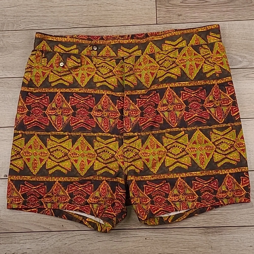 LAUHALA Hawaiian Brown Red Green Tiki 33 Mens Casual Board‎ Shorts RARE VTG 50s